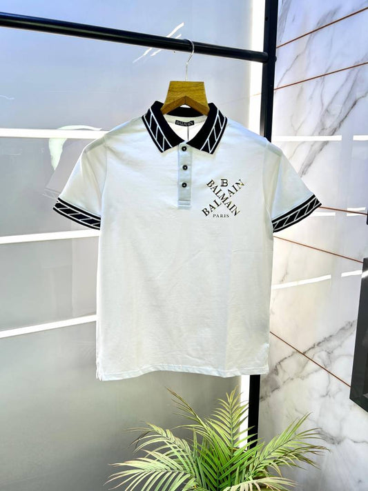 Balmain White & Black Pattern Collar Polo T-Shirt for Men – Metty Cotton Fabric - Pihu Car Spa