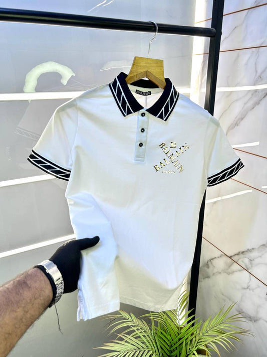 Balmain White & Black Pattern Collar Polo T-Shirt for Men – Metty Cotton Fabric - Pihu Car Spa