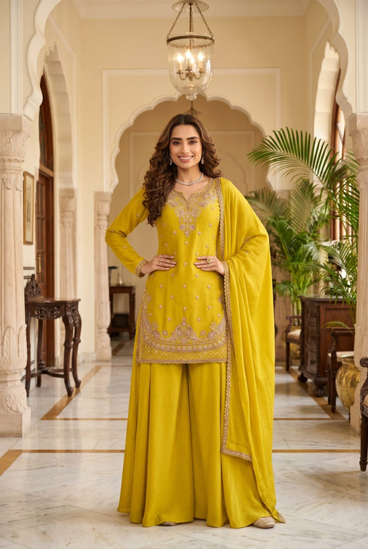 Mustard Yellow Embroidered Kurta Palazzo Set with Dupatta for Women - Pihu Car Spa