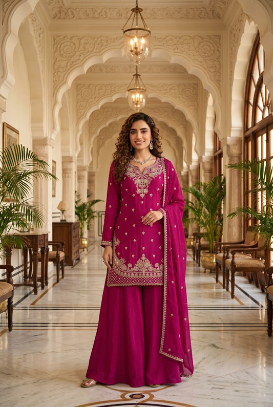 Magenta Embroidered Kurta Palazzo Set with Dupatta - Pihu Car Spa